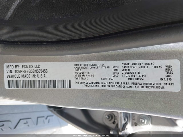 Продаж на аукціоні авто 2025 Ram 1500 Big Horn  4x4 5'7 Box, vin: 1C6RRFFG5SN505453, номер лоту: 45912926