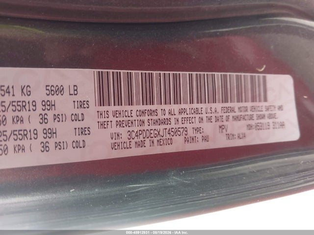 45912931 :رقم المزاد ، 3C4PDDEGXJT450579 vin ، 2018 Dodge Journey Gt Awd مزاد بيع