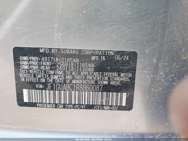 2024 Subaru Impreza Base 5-door მანქანა იყიდება აუქციონზე, vin: JF1GUABC1R8860087, აუქციონის ნომერი: 45912936