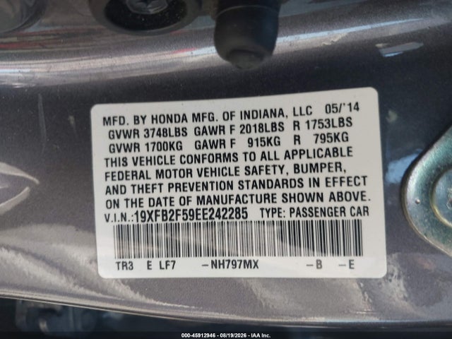Aukcja sprzedaży 2014 Honda Civic Lx, vin: 19XFB2F59EE242285, numer aukcji: 45912946