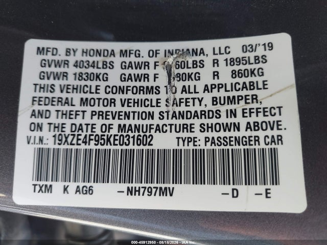 Honda Insight Touring 2019 19XZE4F95KE031602 Image 9