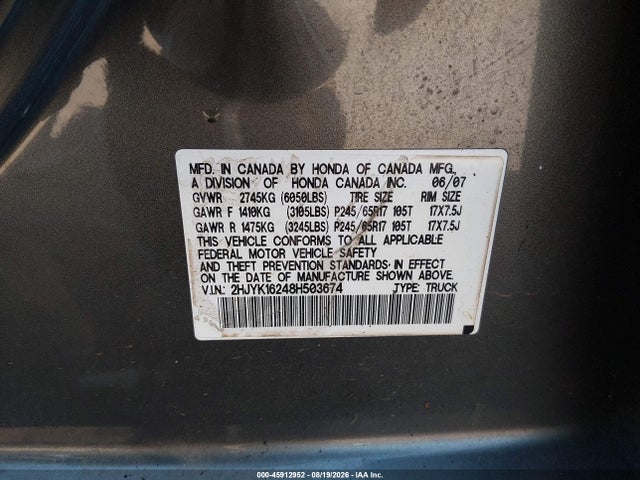 Продажа на аукционе авто 2008 Honda Ridgeline Rt, vin: 2HJYK16248H503674, номер лота: 45912952