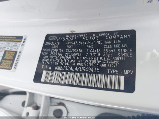 45912972 :رقم المزاد ، KM8J33AL4KU949418 vin ، 2019 Hyundai Tucson Sel مزاد بيع
