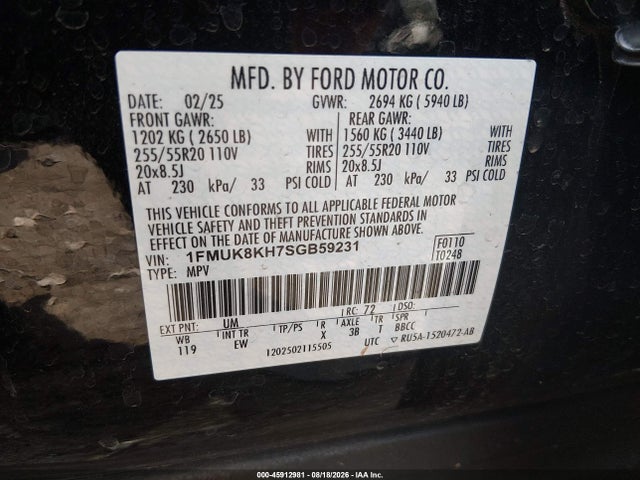 45912981 :رقم المزاد ، 1FMUK8KH7SGB59231 vin ، 2025 Ford Explorer St-line مزاد بيع