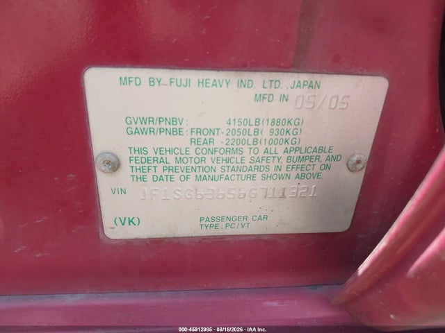 Продаж на аукціоні авто 2006 Subaru Forester 2.5x, vin: JF1SG63656G711321, номер лоту: 45912985