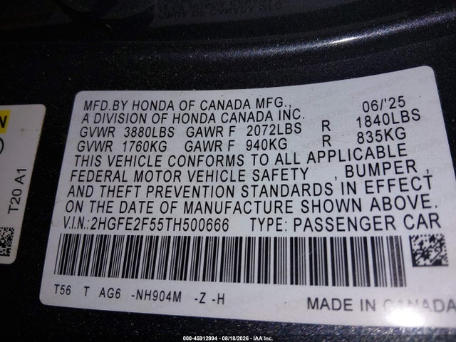2HGFE2F55TH500666 Honda Civic Sport