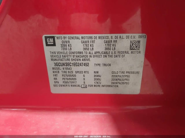 Продаж на аукціоні авто 2014 Chevrolet Silverado 1500 Ltz, vin: 3GCUKSEC1EG247492, номер лоту: 45912997