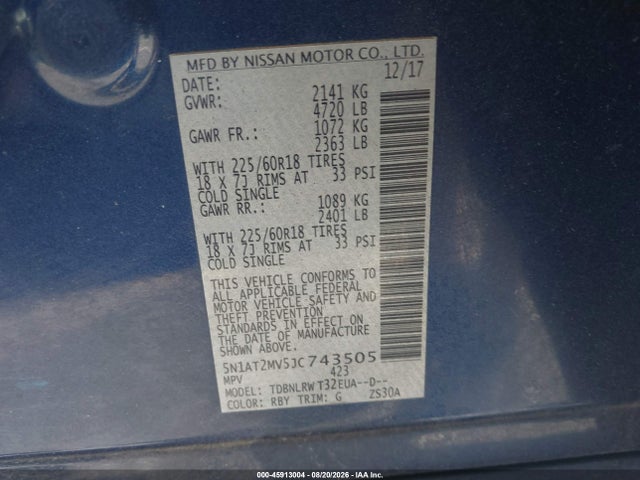 Продаж на аукціоні авто 2018 Nissan Rogue Sl, vin: 5N1AT2MV5JC743505, номер лоту: 45913004