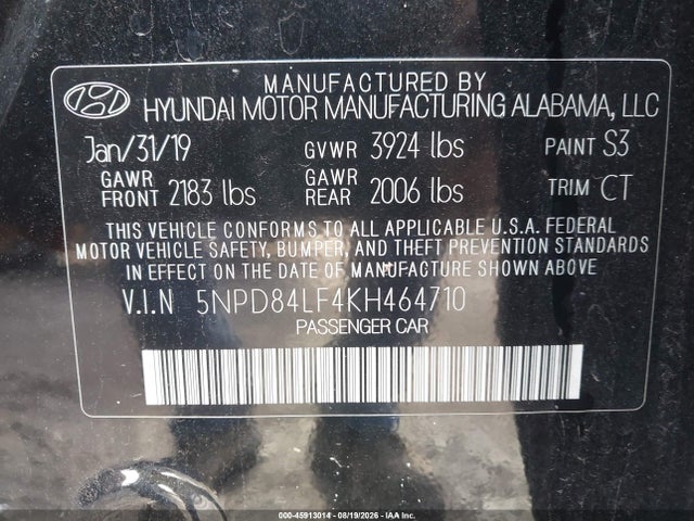 Aukcja sprzedaży 2019 Hyundai Elantra Sel, vin: 5NPD84LF4KH464710, numer aukcji: 45913014
