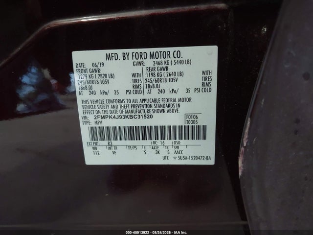 Aukcja sprzedaży 2019 Ford Edge Sel, vin: 2FMPK4J93KBC31520, numer aukcji: 45913022