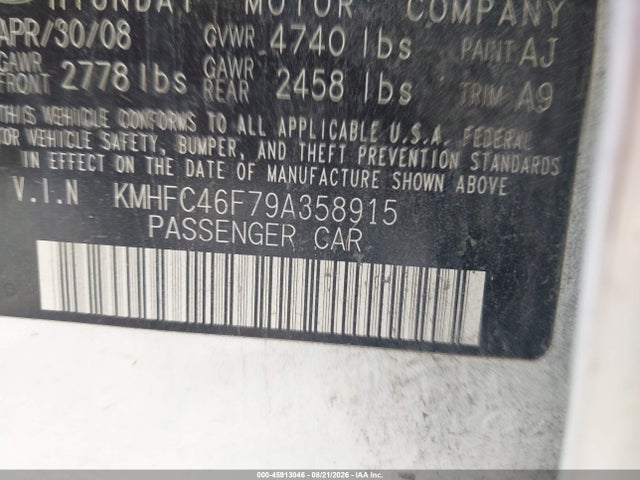 2009 Hyundai Azera Limited მანქანა იყიდება აუქციონზე, vin: KMHFC46F79A358915, აუქციონის ნომერი: 45913046