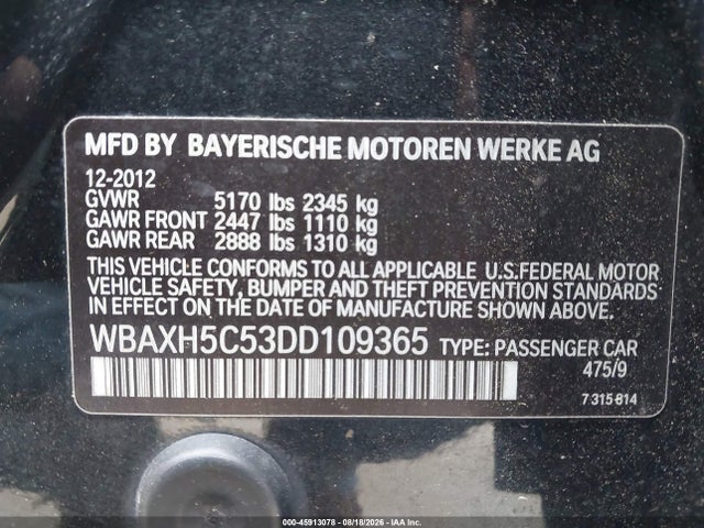 Продажа на аукционе авто 2013 Bmw 528i Xdrive, vin: WBAXH5C53DD109365, номер лота: 45913078