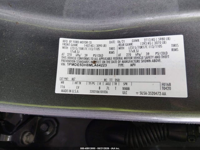 Продаж на аукціоні авто 2021 Ford Bronco, vin: 1FMDE5DH8MLA64223, номер лоту: 45913085