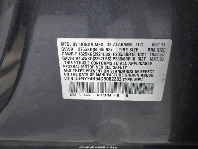 45913099 :رقم المزاد ، 5FNYF4H54CB002283 vin ، 2012 Honda Pilot Ex-l مزاد بيع