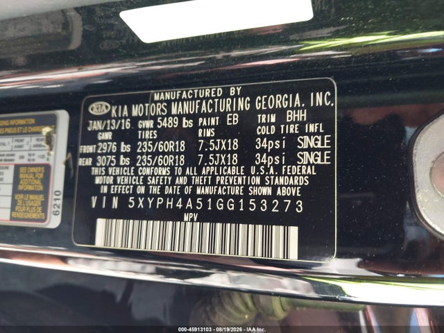Продаж на аукціоні авто 2016 Kia Sorento 3.3l Ex, vin: 5XYPH4A51GG153273, номер лоту: 45913103