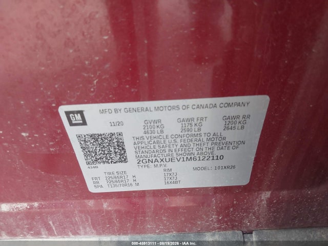 Продажа на аукционе авто 2021 Chevrolet Equinox Awd Lt, vin: 2GNAXUEV1M6122110, номер лота: 45913111
