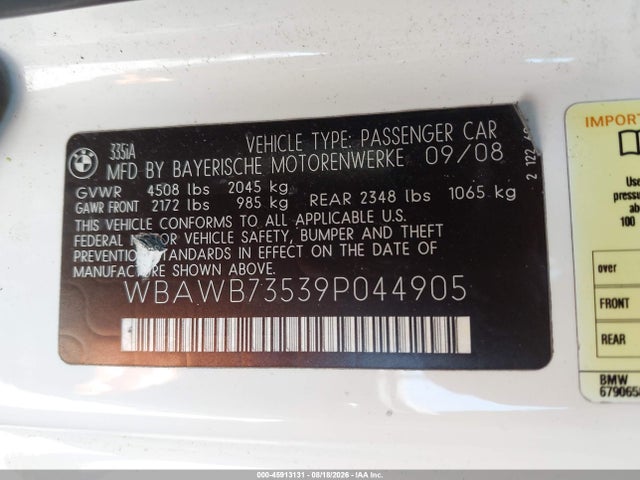 2009 Bmw 335i მანქანა იყიდება აუქციონზე, vin: WBAWB73539P044905, აუქციონის ნომერი: 45913131