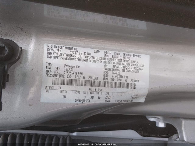 2016 Ford Focus Se მანქანა იყიდება აუქციონზე, vin: 1FADP3F20GL320845, აუქციონის ნომერი: 45913138
