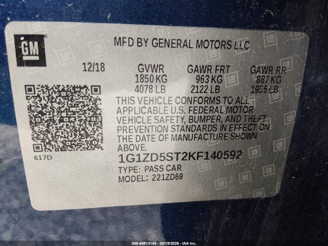 Продаж на аукціоні авто 2019 Chevrolet Malibu Lt, vin: 1G1ZD5ST2KF140592, номер лоту: 45913140