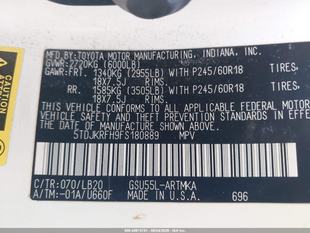 Toyota Highlander Xle V6 2015 5TDJKRFH9FS180889 Image 9