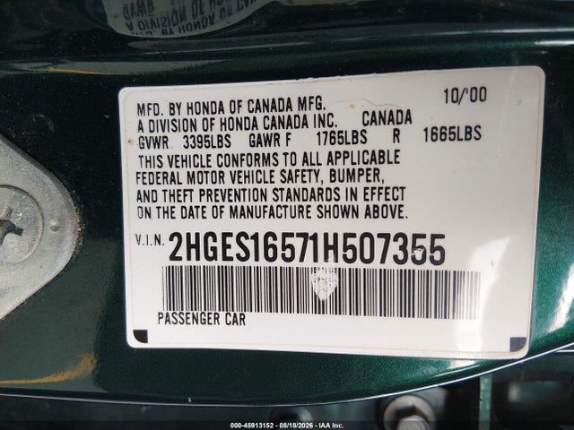 2001 Honda Civic Lx მანქანა იყიდება აუქციონზე, vin: 2HGES16571H507355, აუქციონის ნომერი: 45913152