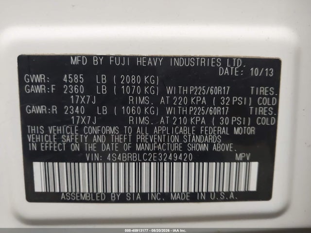 45913177 :رقم المزاد ، 4S4BRBLC2E3249420 vin ، 2014 Subaru Outback 2.5i Limited مزاد بيع