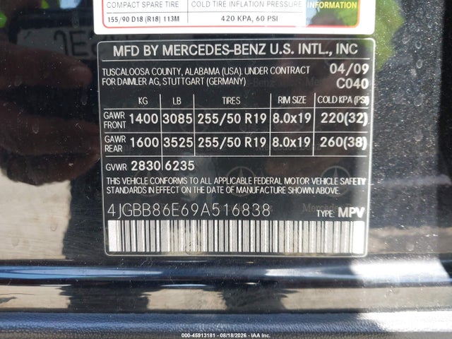 45913181 :رقم المزاد ، 4JGBB86E69A516838 vin ، 2009 Mercedes-benz Ml 350 4matic مزاد بيع