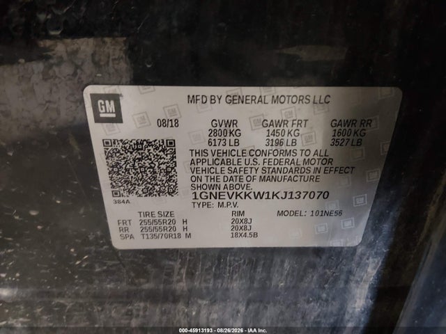 45913193 :رقم المزاد ، 1GNEVKKW1KJ137070 vin ، 2019 Chevrolet Traverse Premier مزاد بيع