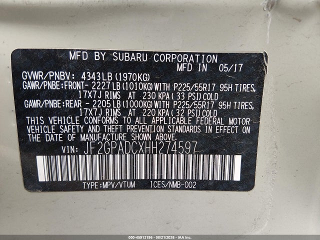 45913196 :رقم المزاد ، JF2GPADCXHH274597 vin ، 2017 Subaru Crosstrek 2.0i Premium مزاد بيع
