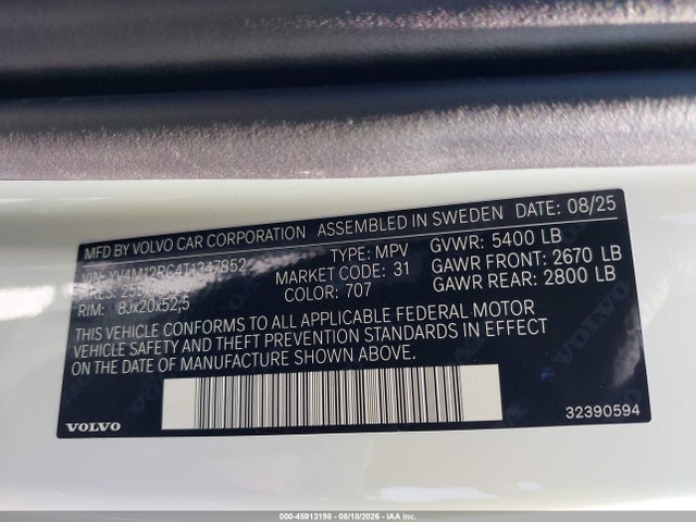 45913198 :رقم المزاد ، YV4M12RC4T1347852 vin ، 2026 Volvo Xc60 B5 Plus مزاد بيع