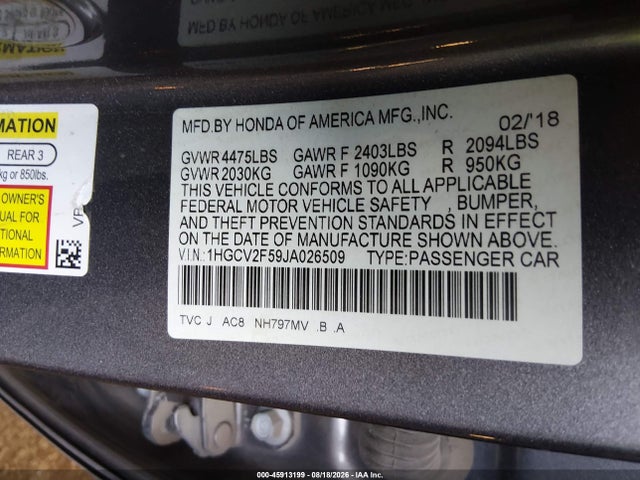 1HGCV2F59JA026509 Honda Accord Ex-l 2.0t