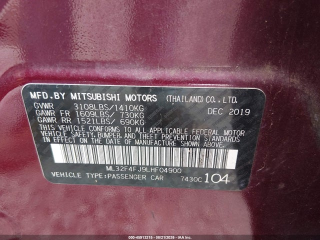 45913215 :رقم المزاد ، ML32F4FJ9LHF04900 vin ، 2020 Mitsubishi Mirage G4 Le مزاد بيع