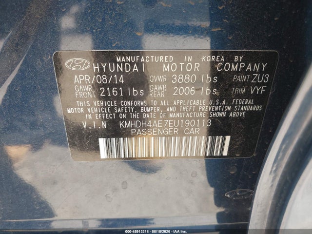 KMHDH4AE7EU190113 Hyundai ELANTRA SE