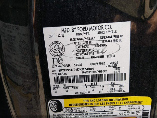 2013 Ford F-150 Fx4 მანქანა იყიდება აუქციონზე, vin: 1FTFW1ET1DKD74984, აუქციონის ნომერი: 45913237
