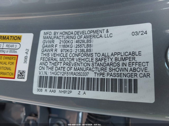 Aukcja sprzedaży 2024 Honda Accord Hybrid Sport, vin: 1HGCY2F51RA050337, numer aukcji: 45913239