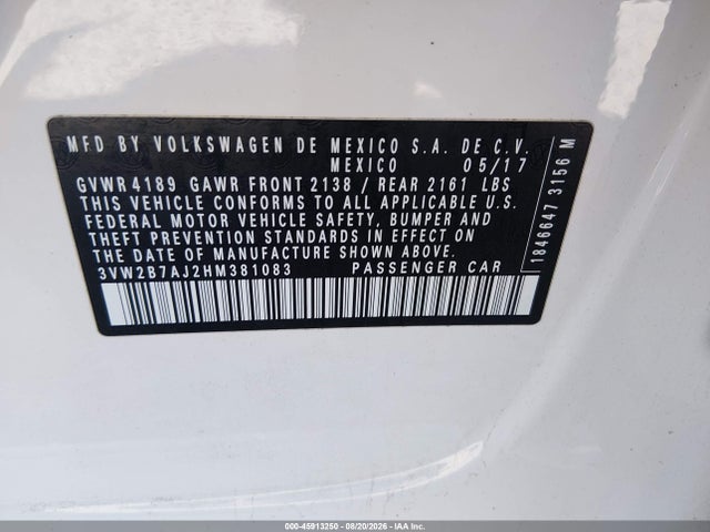 45913250 :رقم المزاد ، 3VW2B7AJ2HM381083 vin ، 2017 Volkswagen Jetta 1.4t S مزاد بيع