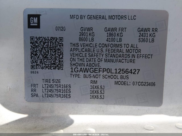 45913260 :رقم المزاد ، 1GAWGEFP0L1256427 vin ، 2020 Chevrolet Express Passenger Rwd 2500 Regular Wheelbase Ls مزاد بيع