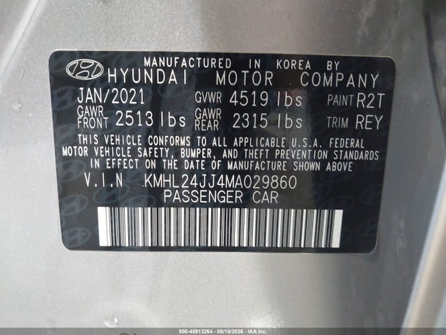 Aukcja sprzedaży 2021 Hyundai Sonata Blue, vin: KMHL24JJ4MA029860, numer aukcji: 45913264