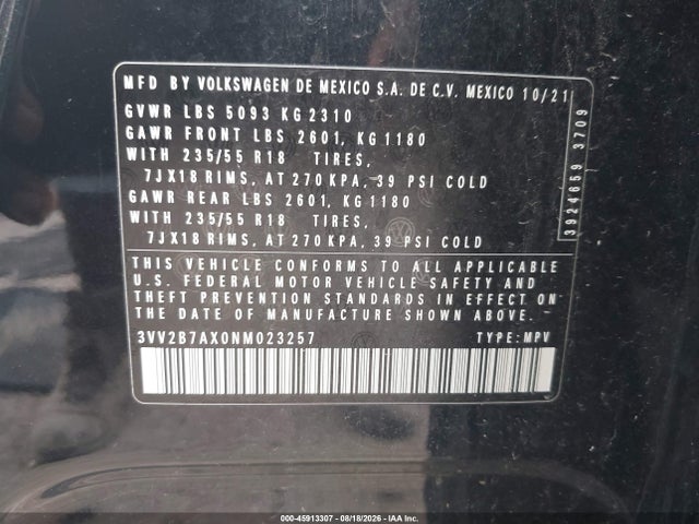2022 Volkswagen Tiguan 2.0t Se მანქანა იყიდება აუქციონზე, vin: 3VV2B7AX0NM023257, აუქციონის ნომერი: 45913307