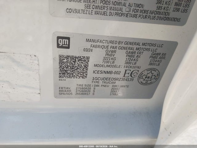 Aukcja sprzedaży 2024 Chevrolet Silverado 1500 Rst, vin: 1GCUDEED5RZ304139, numer aukcji: 45913308