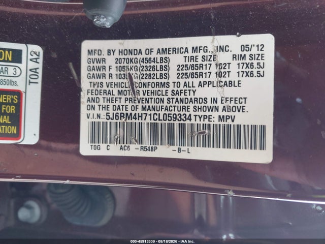 45913309 :رقم المزاد ، 5J6RM4H71CL059334 vin ، 2012 Honda Cr-v Ex-l مزاد بيع