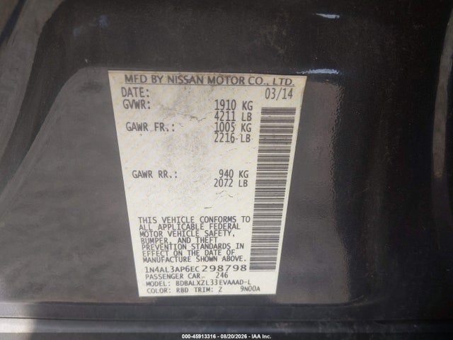 Продажа на аукционе авто 2014 Nissan Altima 2.5 Sl, vin: 1N4AL3AP6EC298798, номер лота: 45913316