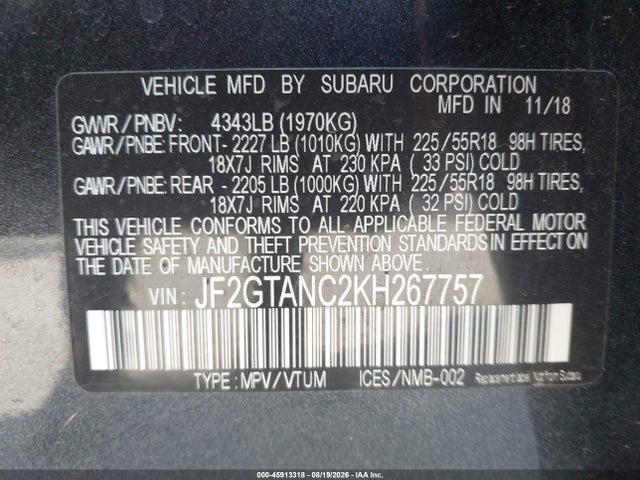 Продажа на аукционе авто 2019 Subaru Crosstrek 2.0i Limited, vin: JF2GTANC2KH267757, номер лота: 45913318