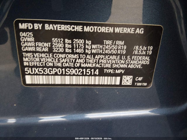 Aukcja sprzedaży 2025 Bmw X3 30 Xdrive, vin: 5UX53GP01S9021514, numer aukcji: 45913326