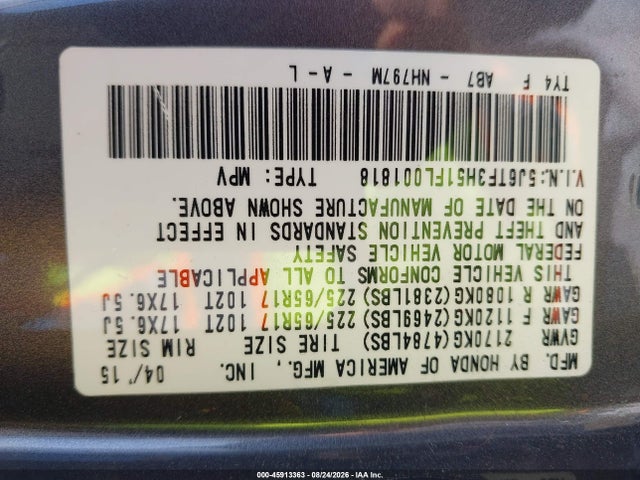Продаж на аукціоні авто 2015 Honda Crosstour Ex-l, vin: 5J6TF3H51FL001818, номер лоту: 45913363
