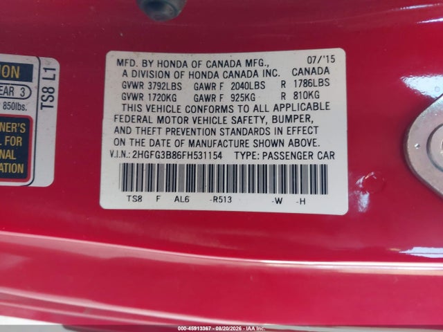 Honda CIVIC EX 2015 2HGFG3B86FH531154 Image 9