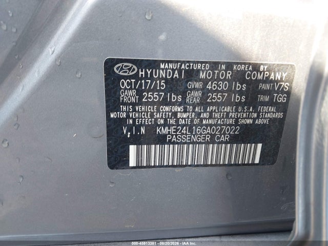 Продажа на аукционе авто 2016 Hyundai Sonata Hybrid Se, vin: KMHE24L16GA027022, номер лота: 45913381