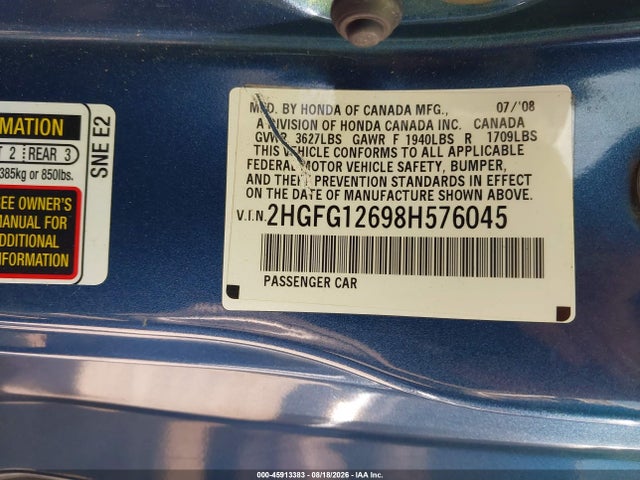 45913383 :رقم المزاد ، 2HGFG12698H576045 vin ، 2008 Honda Civic Lx مزاد بيع