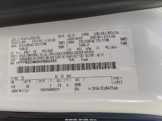 Продажа на аукционе авто 2019 Ford Transit-250, vin: 1FTYR2CM6KKB82555, номер лота: 45913384