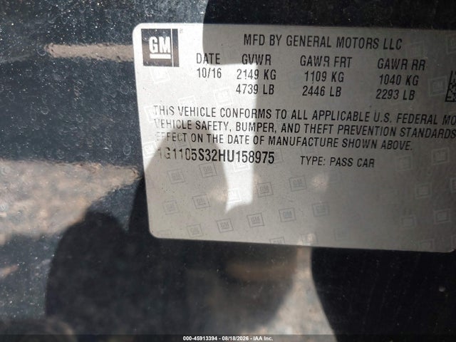 Продаж на аукціоні авто 2017 Chevrolet Impala 1lt, vin: 1G1105S32HU158975, номер лоту: 45913394